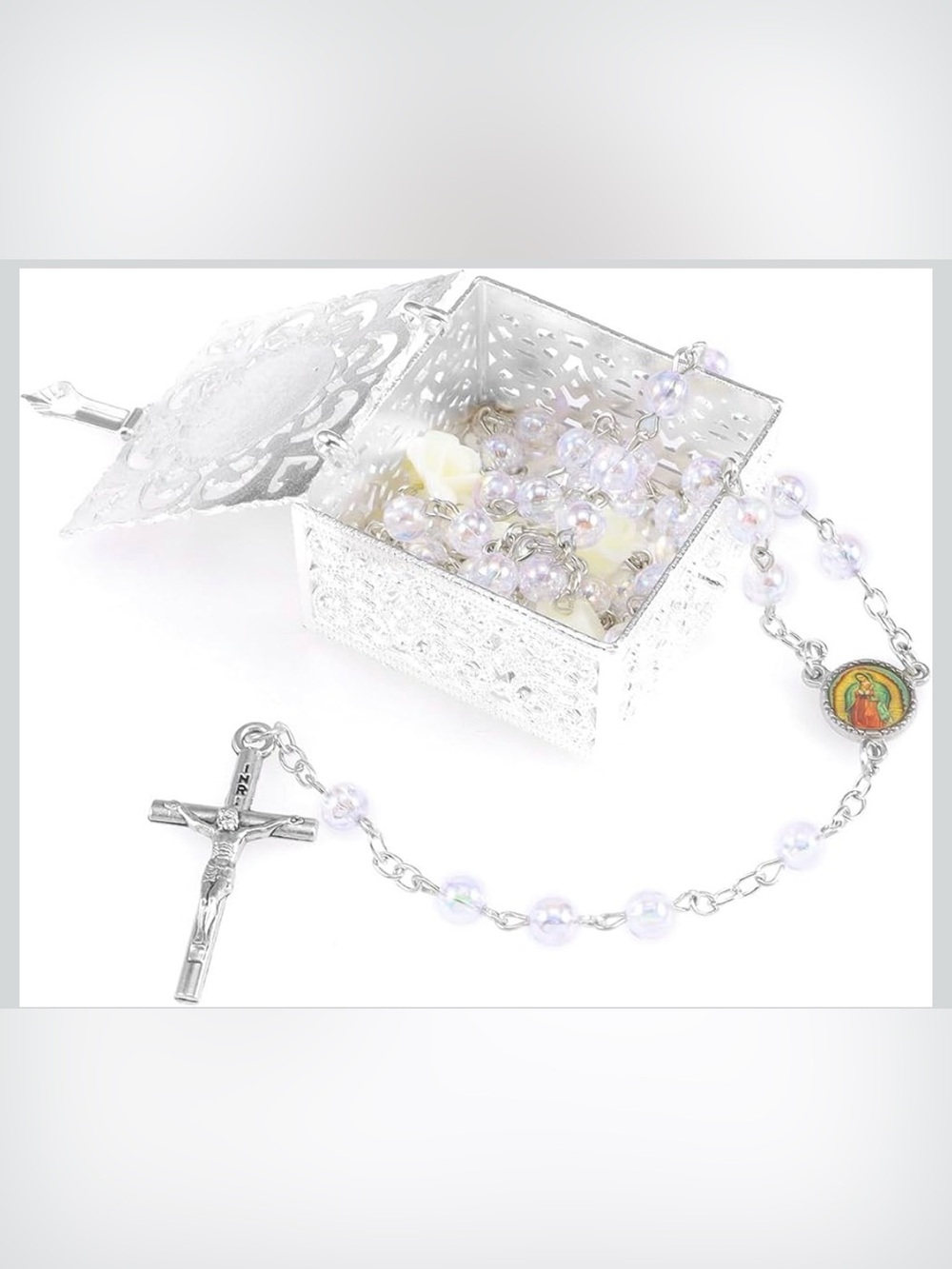 Silver Rosary Necklace with Iridescent Beads and keepsake box